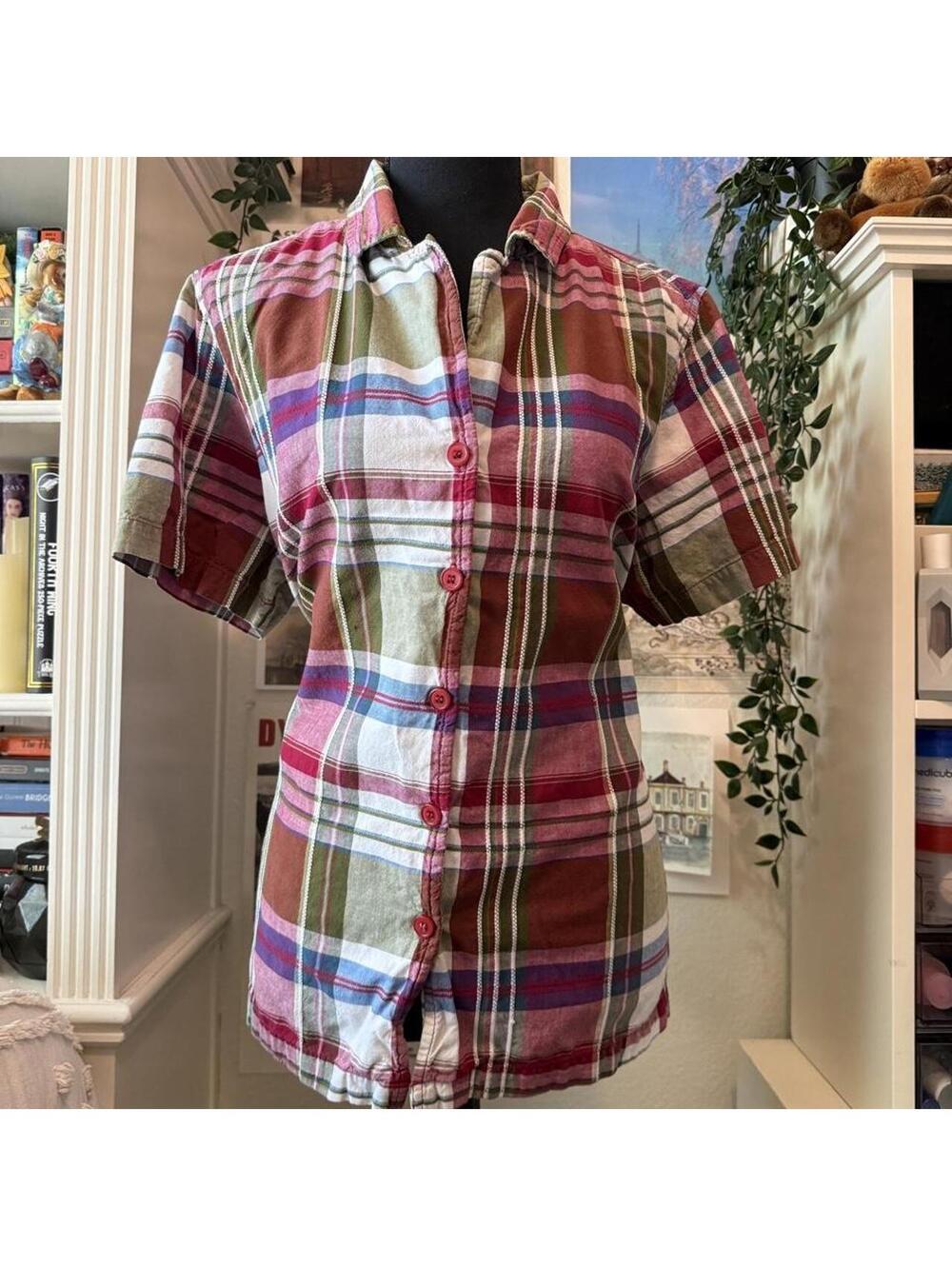 Cabin Creek Burgundy Green Plaid Short Sleeve Button Up Shirt